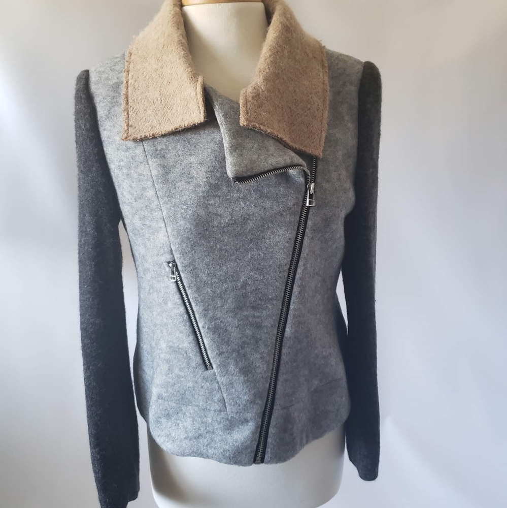 Assymetric Wool Grey Tan Biker Jacket Medium